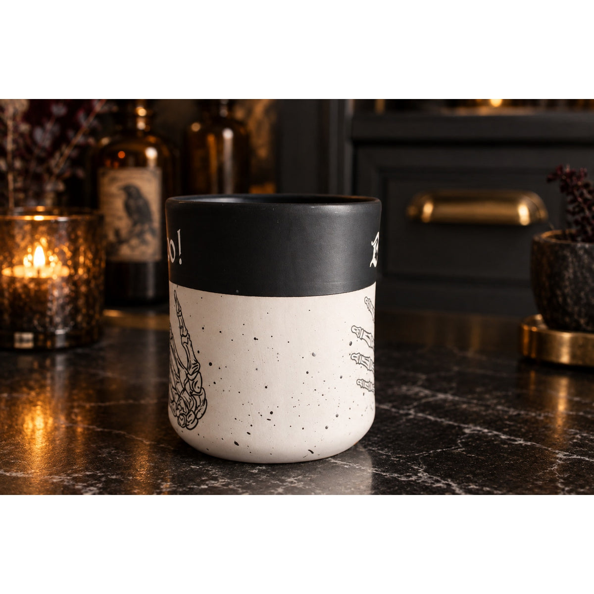 Cobwebs & Cauldrons Halloween Mug Skeleton Hand "BOO" Gothic Coffee Cup