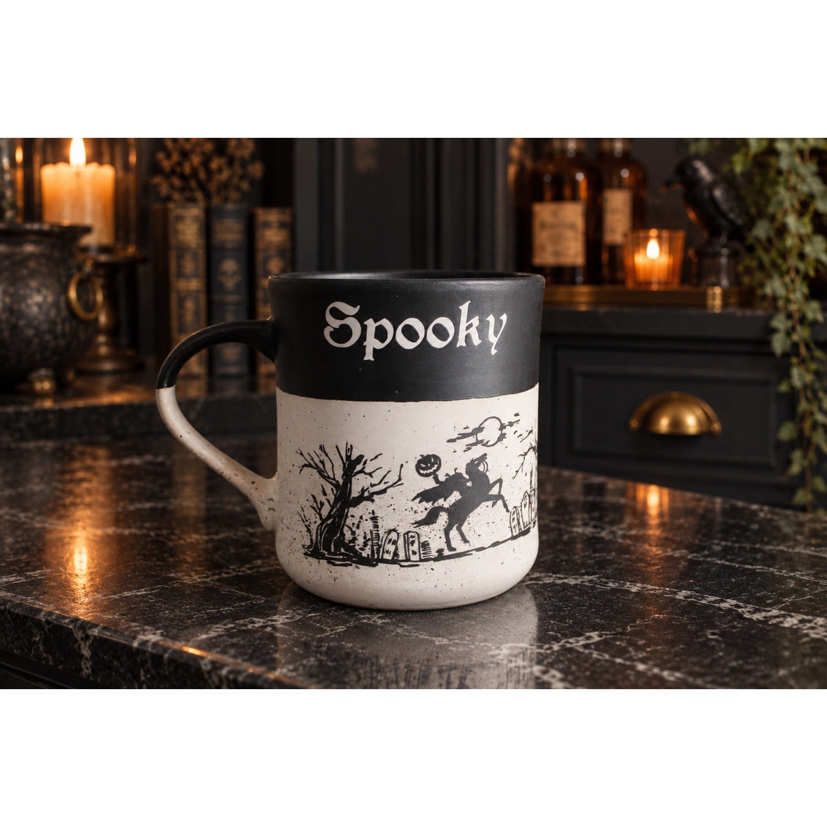 Cobwebs & Cauldrons Halloween Graveyard Mug Pumpkin Black Cat