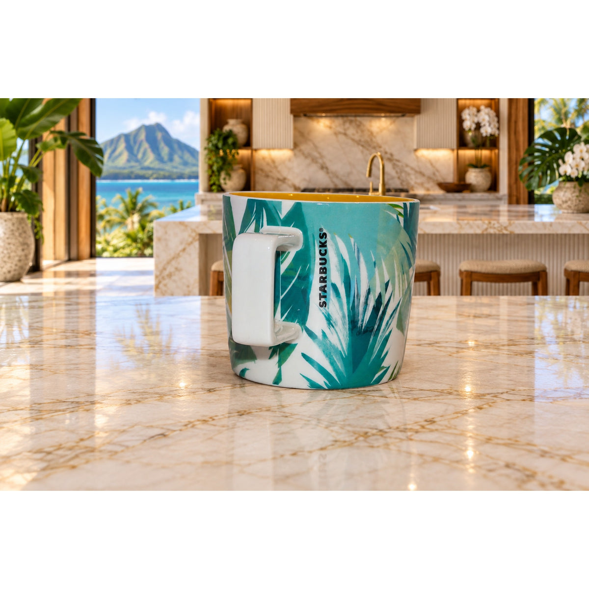 Starbucks Hawaii HI Ceramic Coffee Mug Tropical Leaves Yellow Interior 14 oz