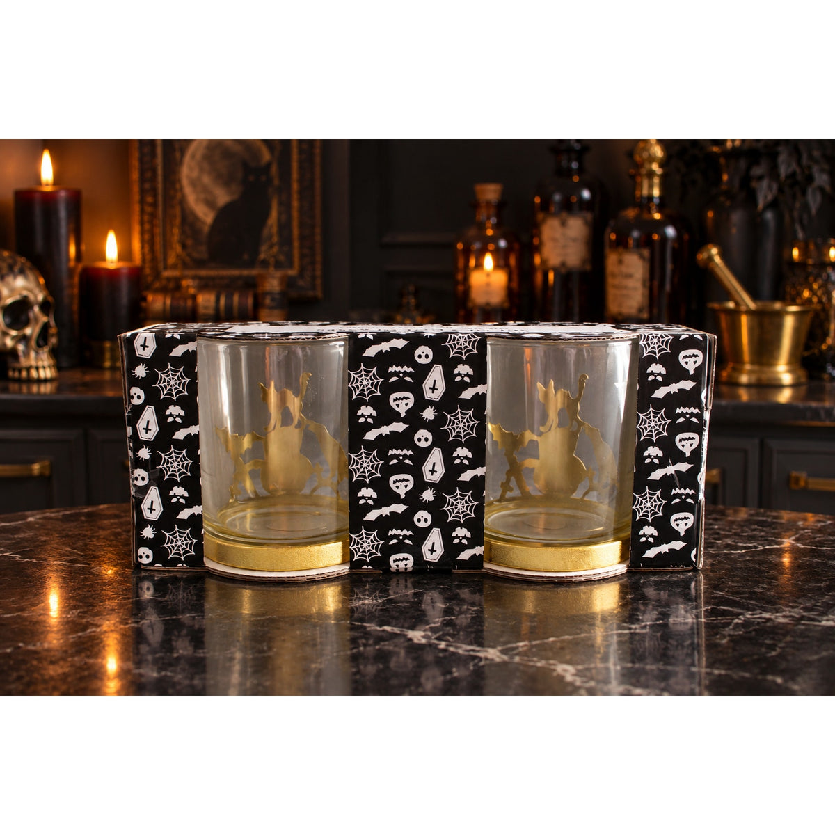 Halloween Gold Graveyard Double Old Fashioned Glasses Gothic Set