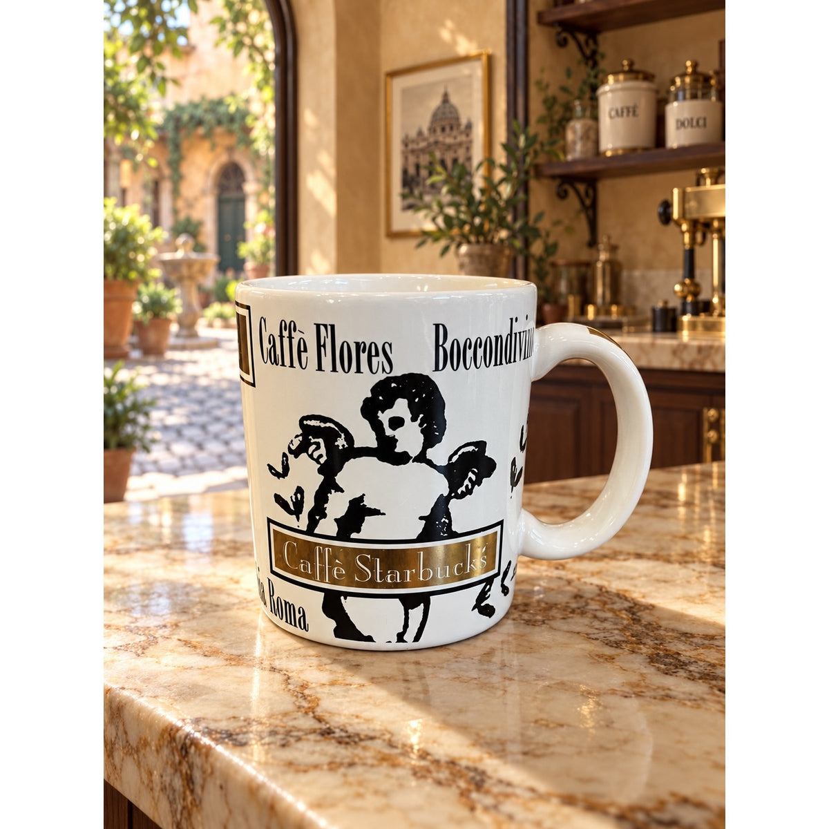 Starbucks Deborah Reinhart Italian Cafe Mug Una Tazza d'Oro Gold Cherubs