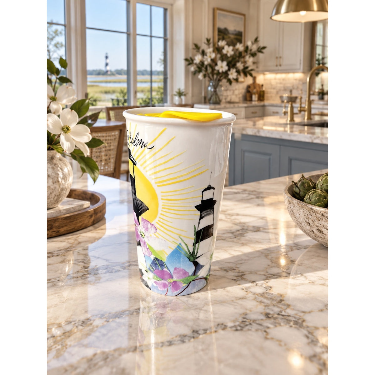 Starbucks North Carolina Ceramic Travel Tumbler 12 Oz Yellow Lid