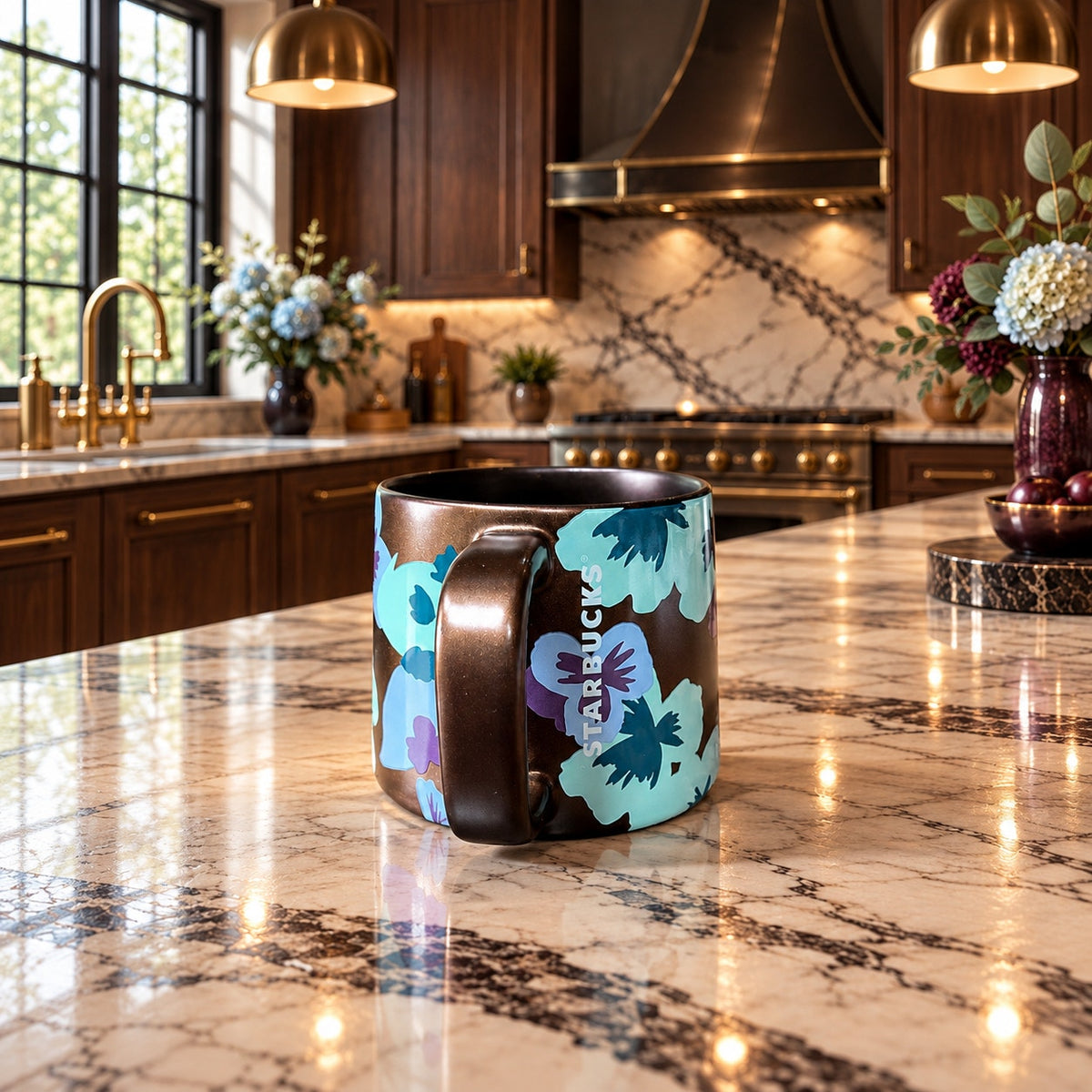 Starbucks 2020 Bronze Copper Gold Floral Pansy Ceramic Mug 14 Oz