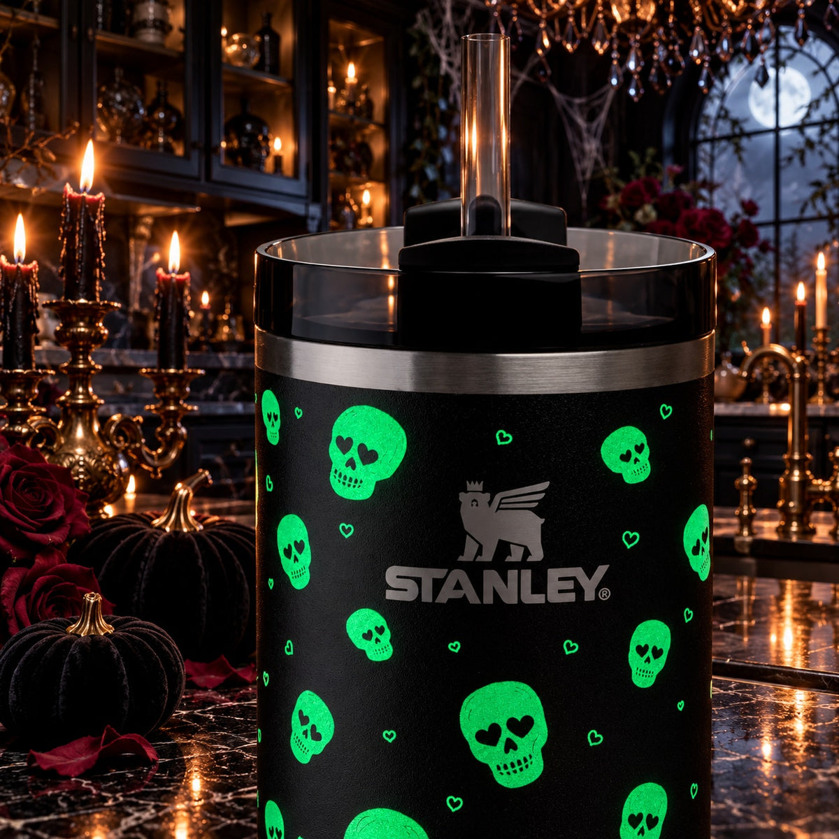 Stanley Lights Out Glow-in-the-Dark Skull Quencher 40 oz Halloween Tumbler NEW