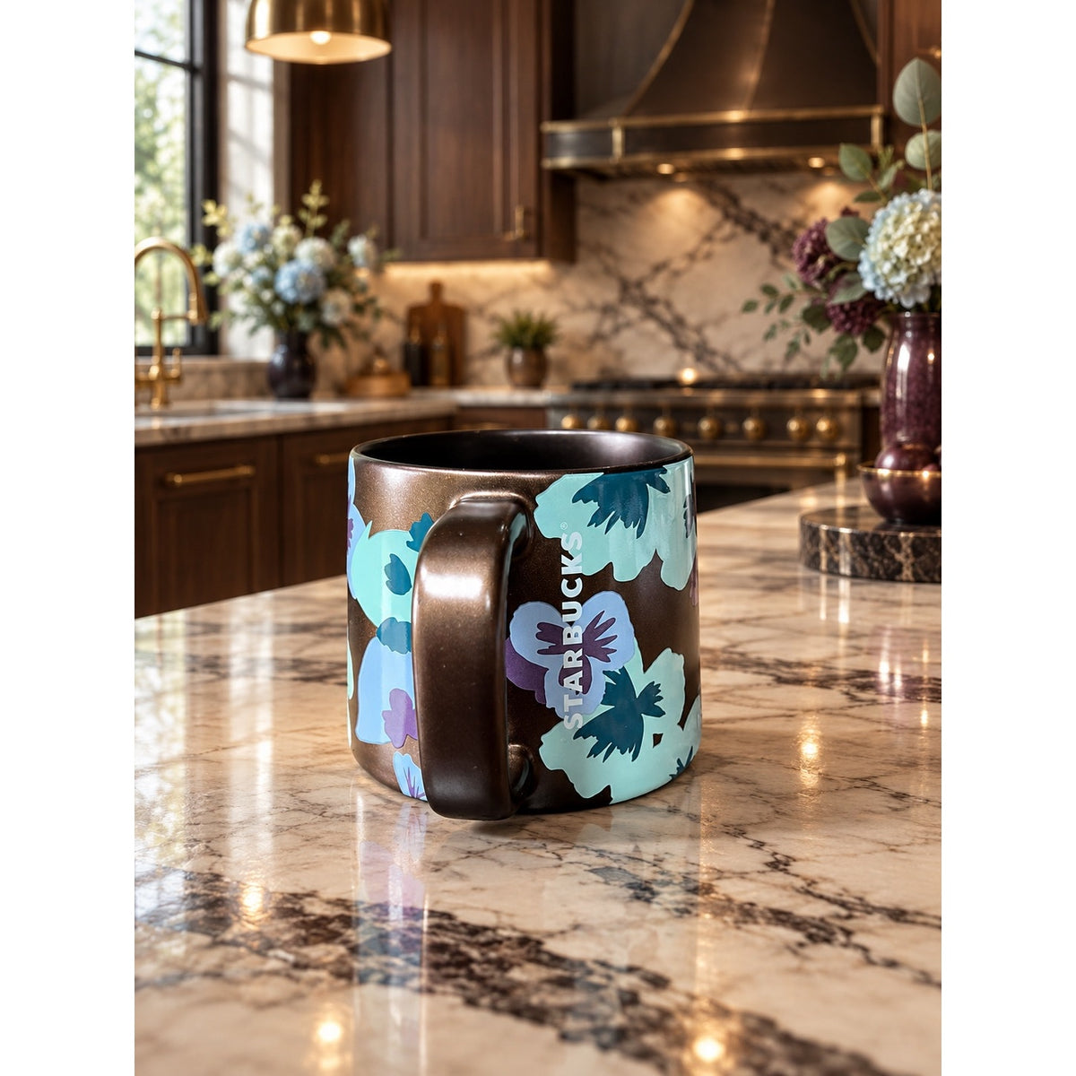 Starbucks 2020 Bronze Copper Gold Floral Pansy Ceramic Mug 14 Oz