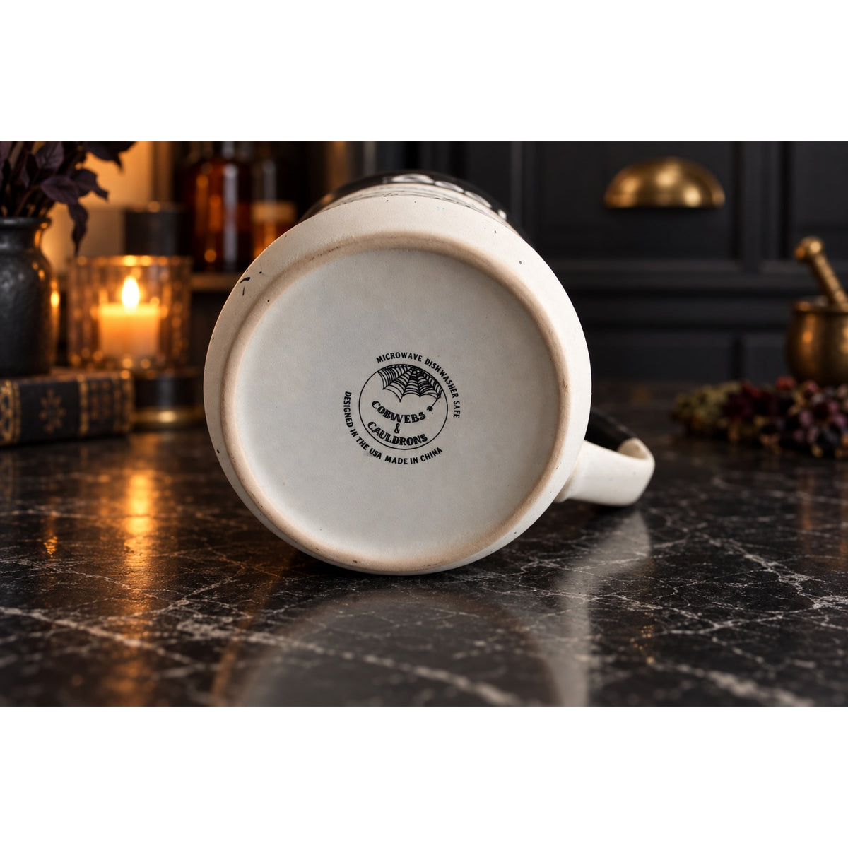 Cobwebs & Cauldrons Halloween Mug Skeleton Hand "BOO" Gothic Coffee Cup