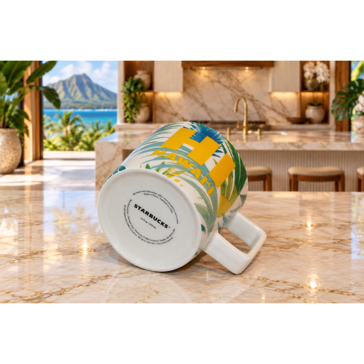 Starbucks Hawaii HI Ceramic Coffee Mug Tropical Leaves Yellow Interior 14 oz