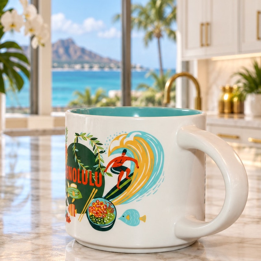 Starbucks Honolulu Hawaii Discovery Series 14 oz Mug Aqua Interior Coffee Cup