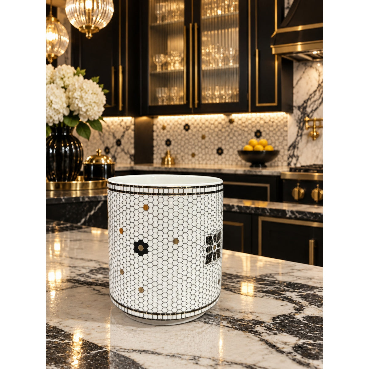 Anthropologie Monogram J Mug Black Gold Mosaic Tile Floral Coffee Cup