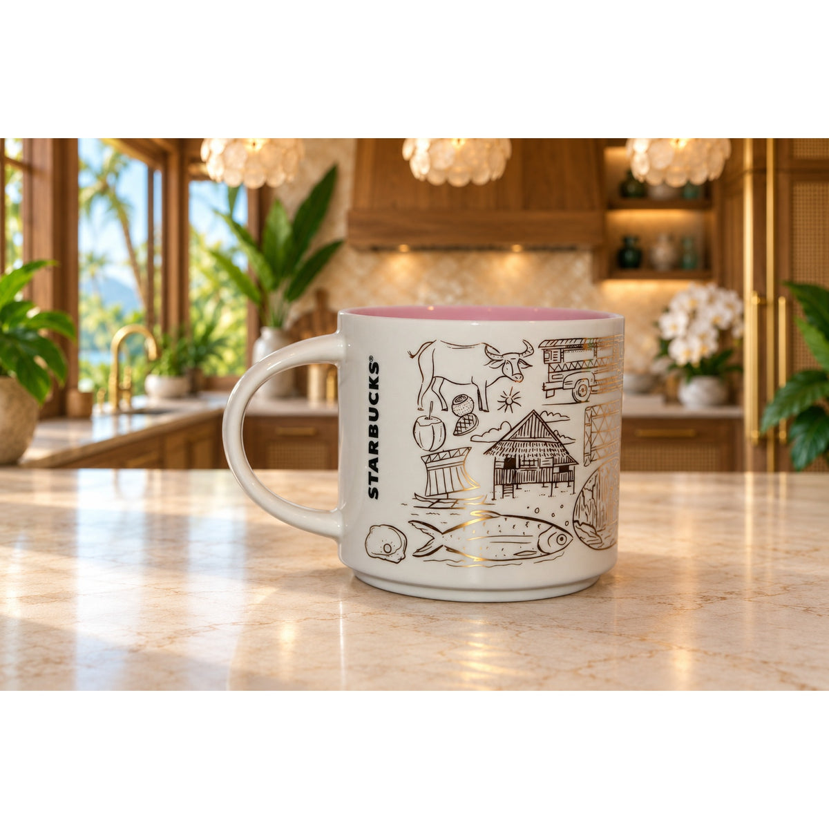 Starbucks Philippines Been There Series Mug Pink Interior Gold Accents 14 oz