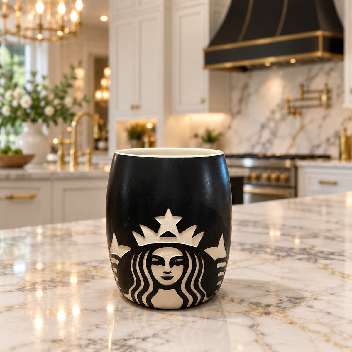 Starbucks 2011 Black Ceramic Barrel Coffee Mug Etched Siren Logo