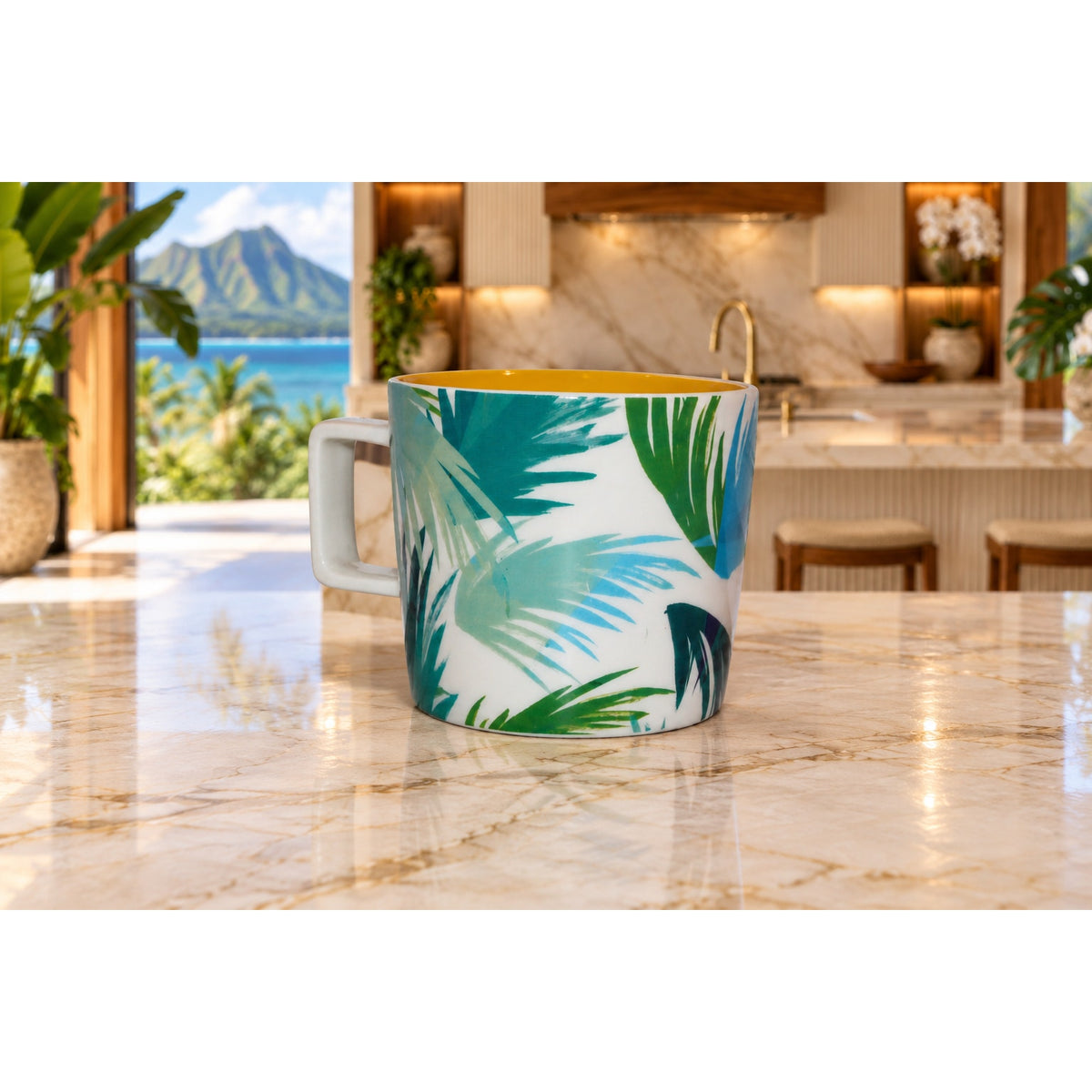 Starbucks Hawaii HI Ceramic Coffee Mug Tropical Leaves Yellow Interior 14 oz