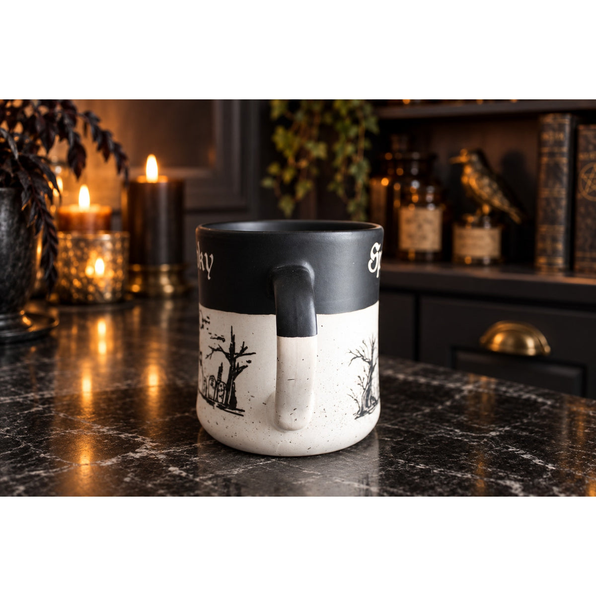 Cobwebs & Cauldrons Halloween Graveyard Mug Pumpkin Black Cat