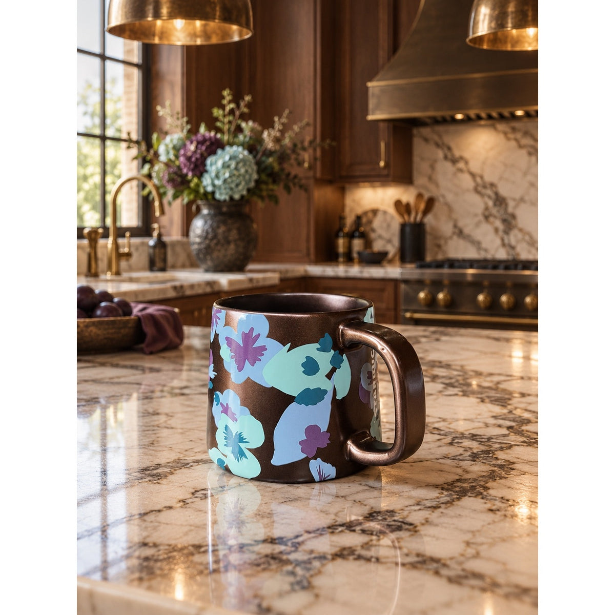 Starbucks 2020 Bronze Copper Gold Floral Pansy Ceramic Mug 14 Oz