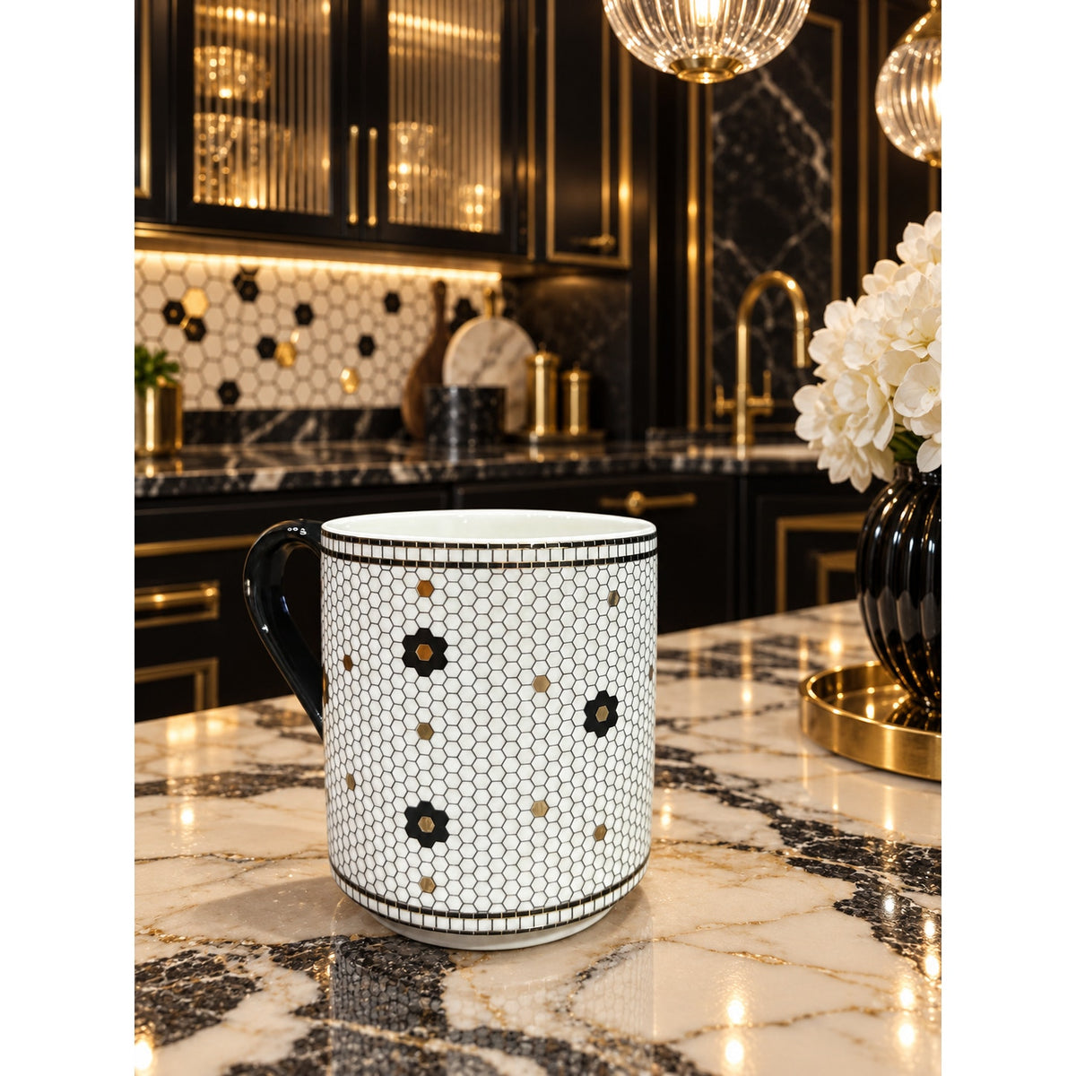 Anthropologie Monogram J Mug Black Gold Mosaic Tile Floral Coffee Cup