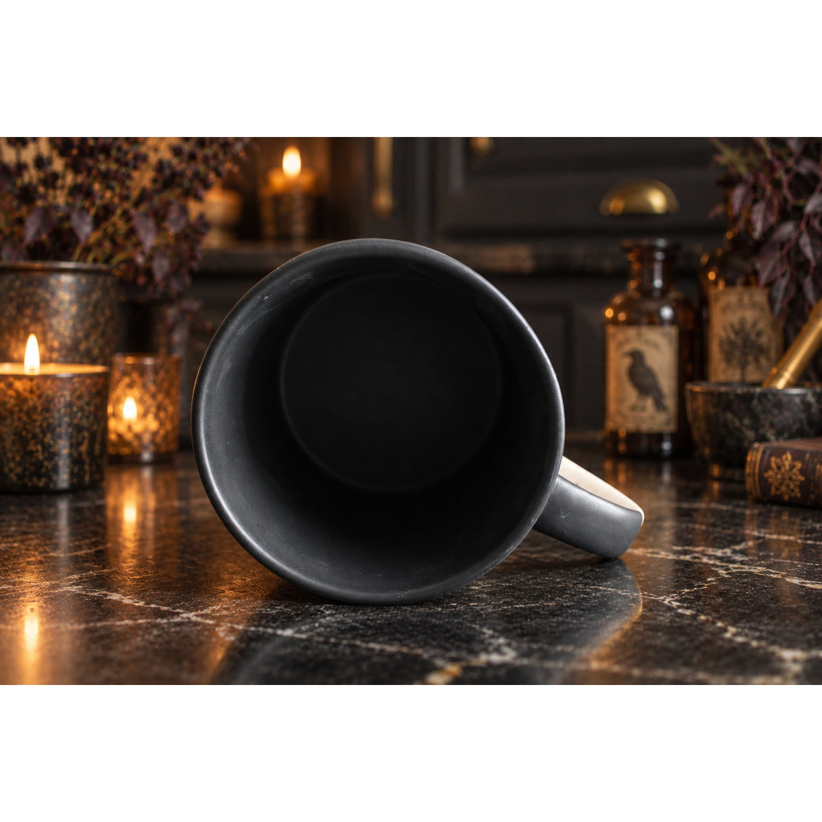 Cobwebs & Cauldrons Halloween Mug Skeleton Hand "BOO" Gothic Coffee Cup