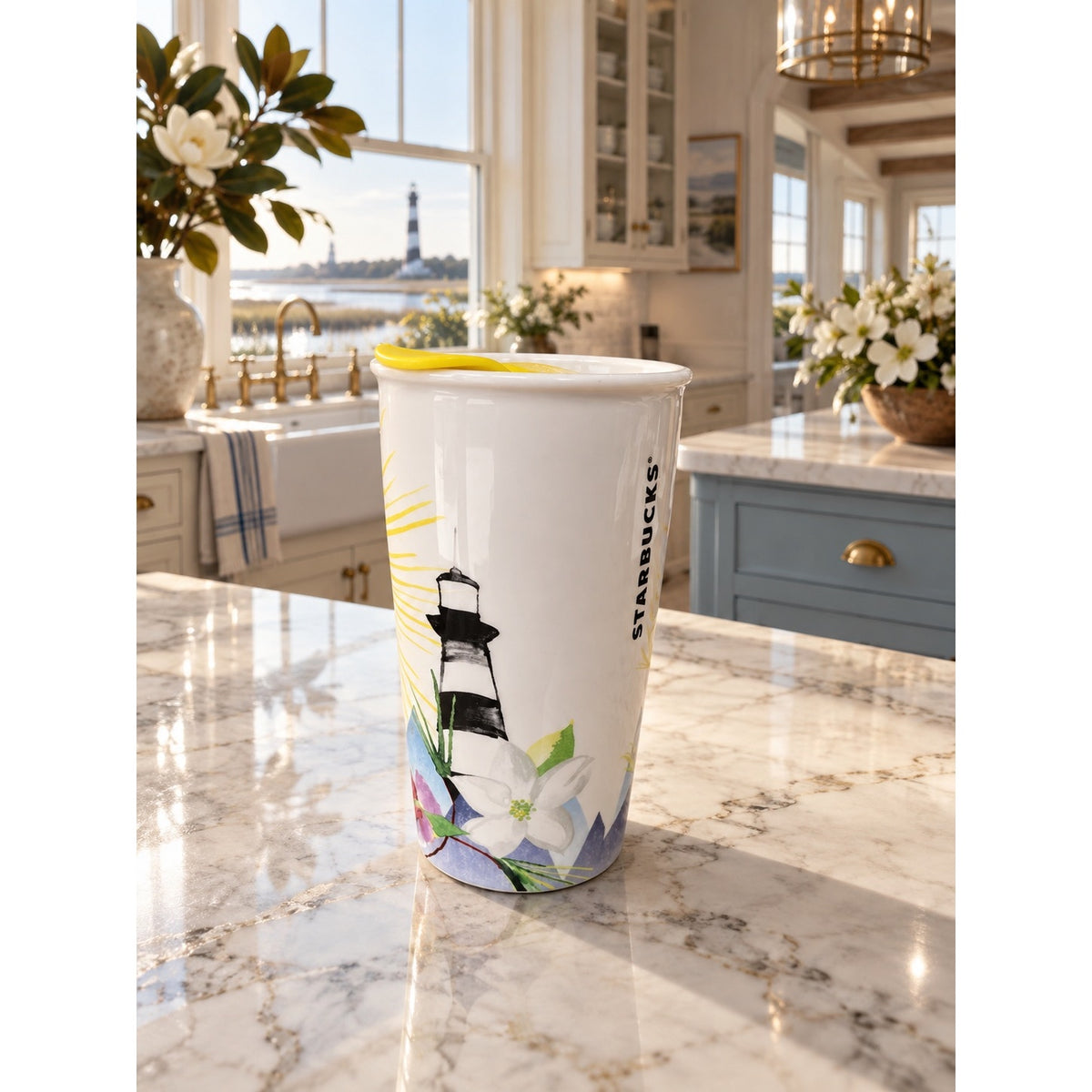 Starbucks North Carolina Ceramic Travel Tumbler 12 Oz Yellow Lid