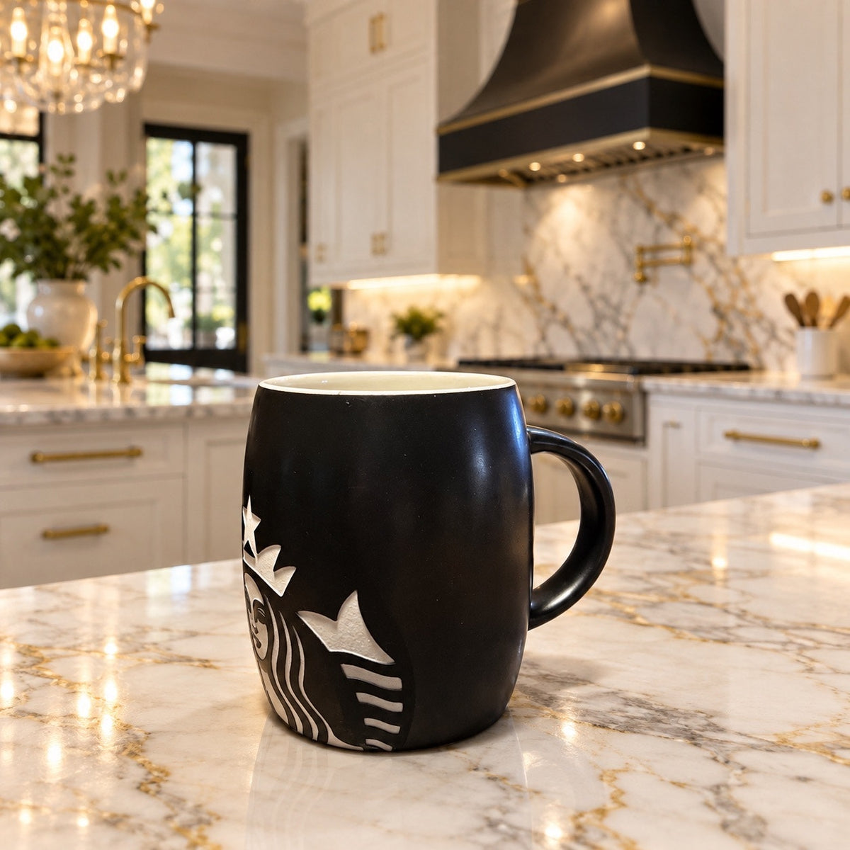 Starbucks 2011 Black Ceramic Barrel Coffee Mug Etched Siren Logo