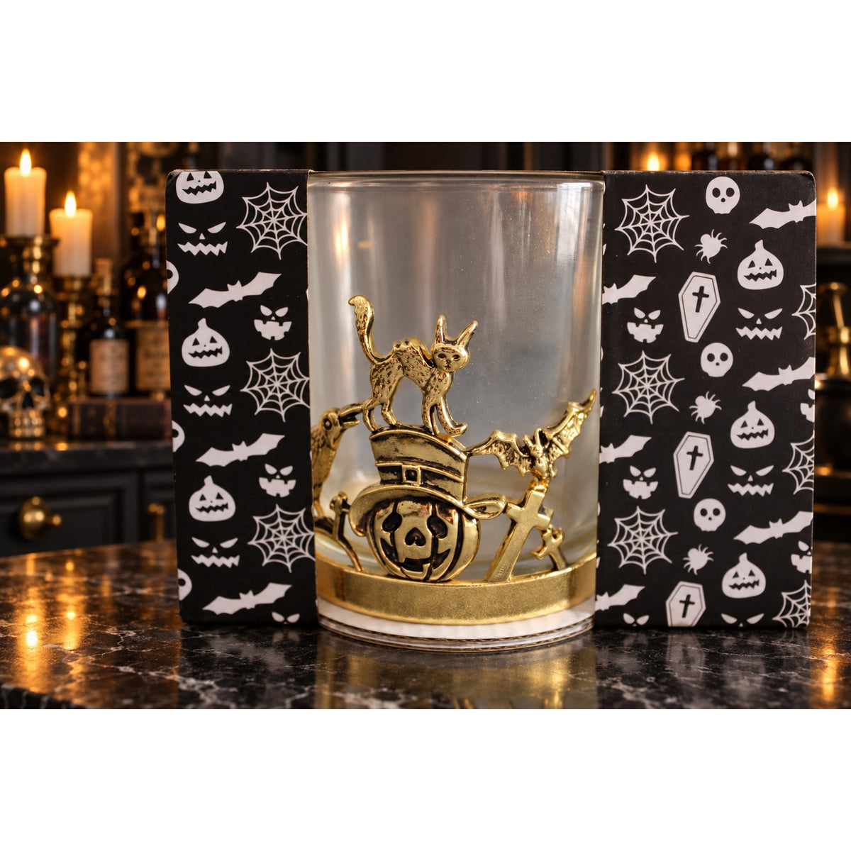 Halloween Gold Graveyard Double Old Fashioned Glasses Gothic Set