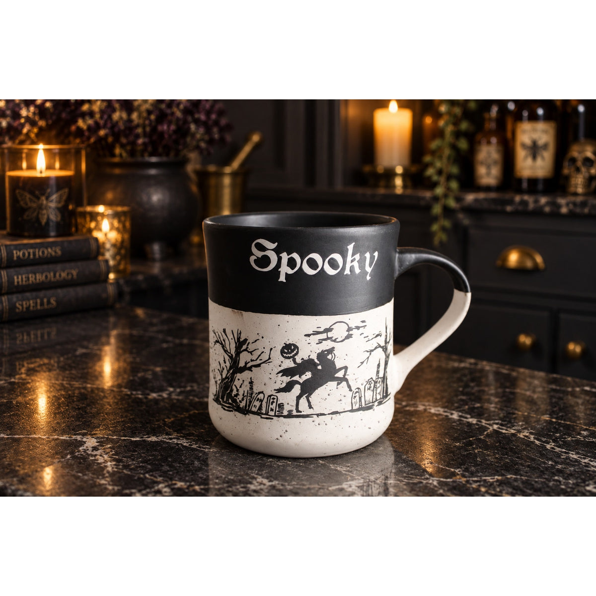 Cobwebs & Cauldrons Halloween Graveyard Mug Pumpkin Black Cat