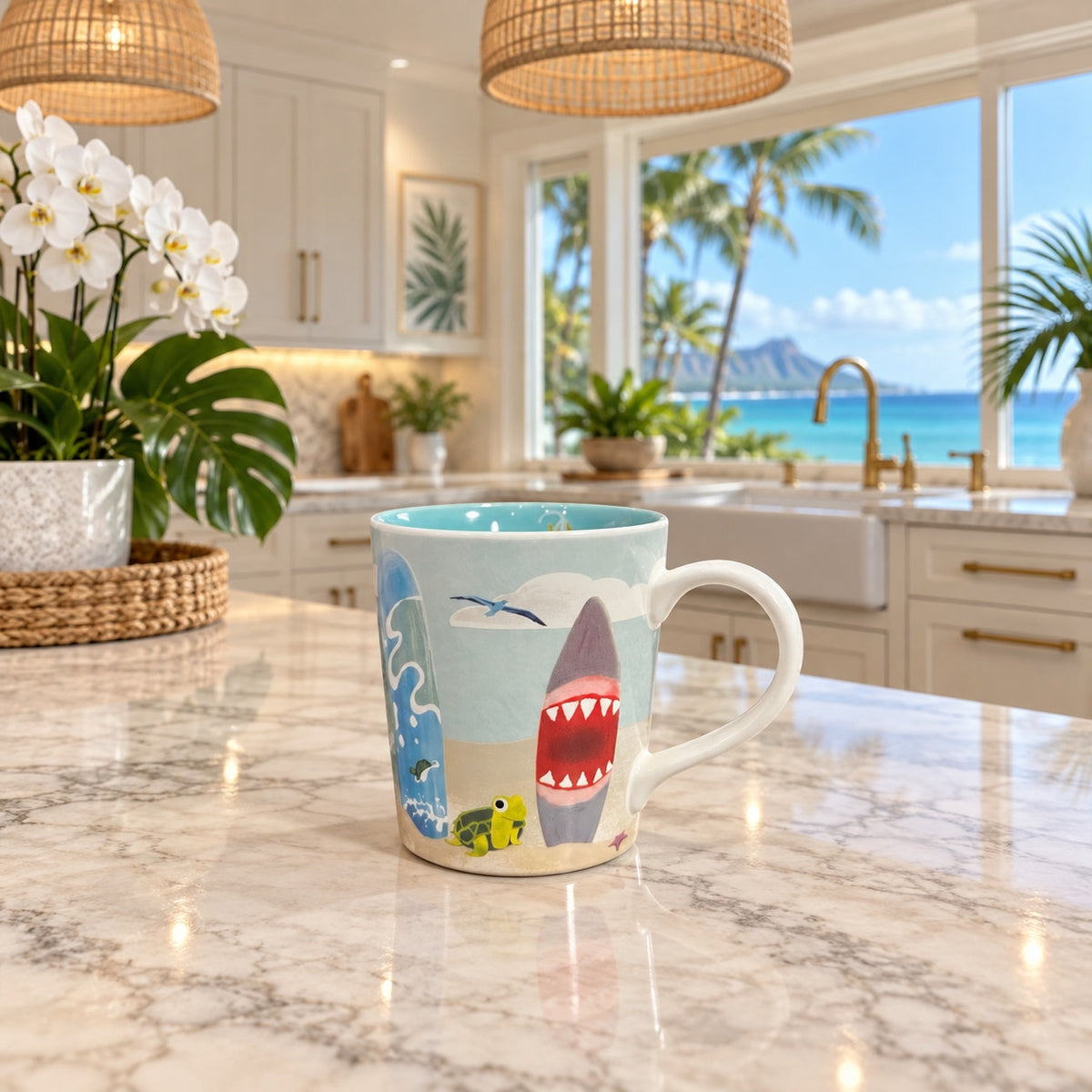 Starbucks Hawaii Surfboard Mug Beach Shark Turtle Coffee Cup