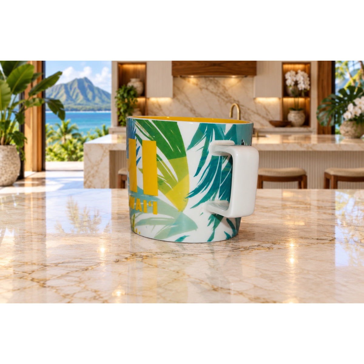 Starbucks Hawaii HI Ceramic Coffee Mug Tropical Leaves Yellow Interior 14 oz
