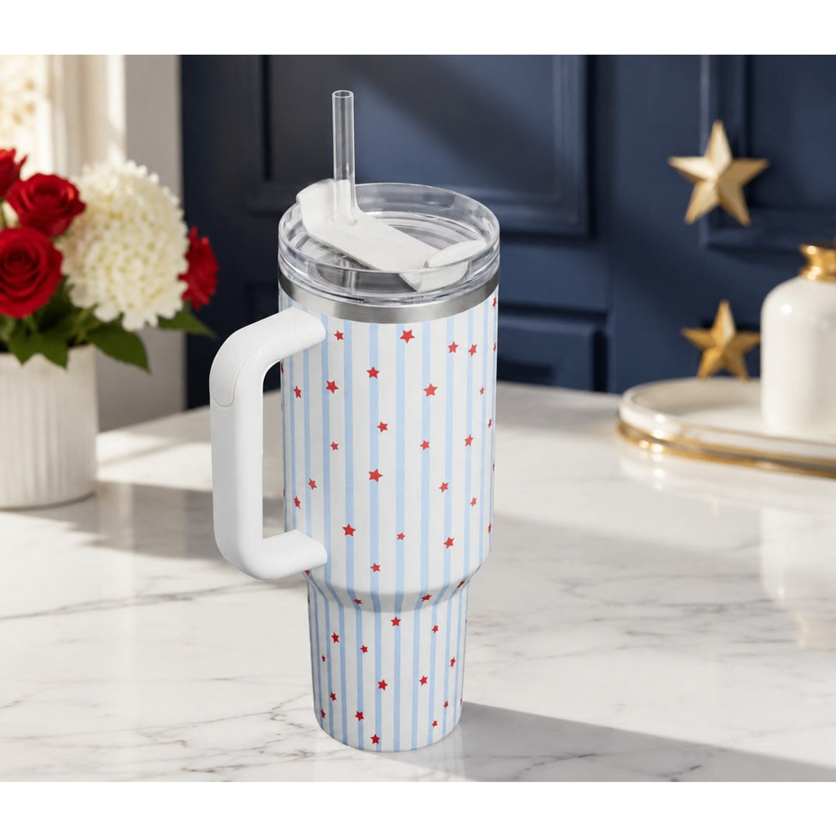 Stanley H2.0 FlowState Quencher 40oz White Multicolor Stars Tumbler