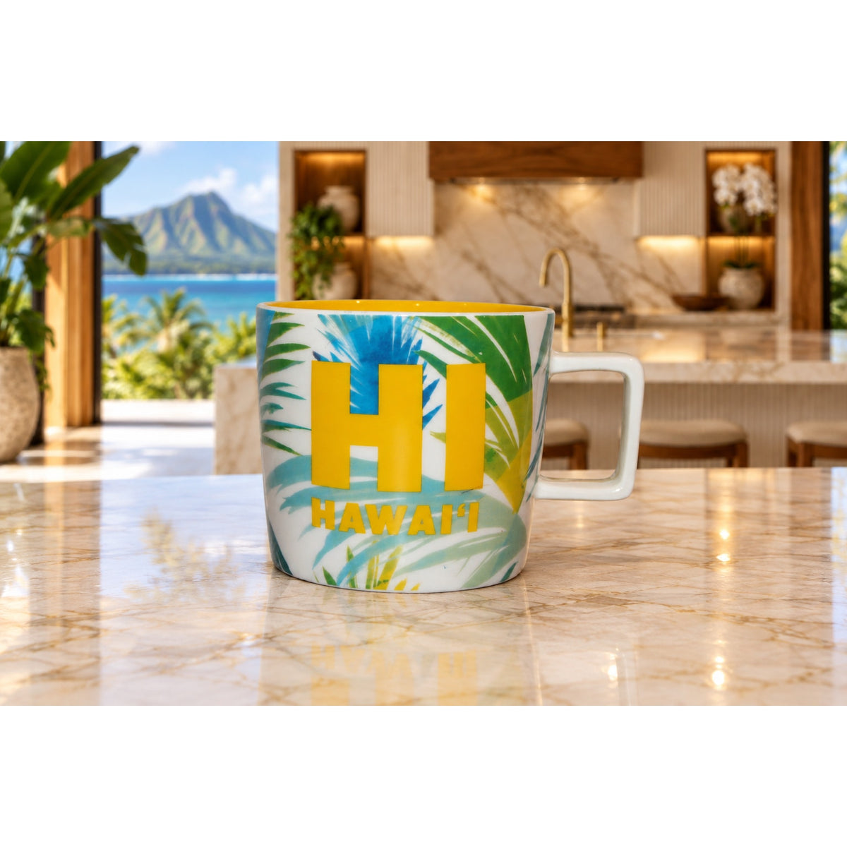 Starbucks Hawaii HI Ceramic Coffee Mug Tropical Leaves Yellow Interior 14 oz