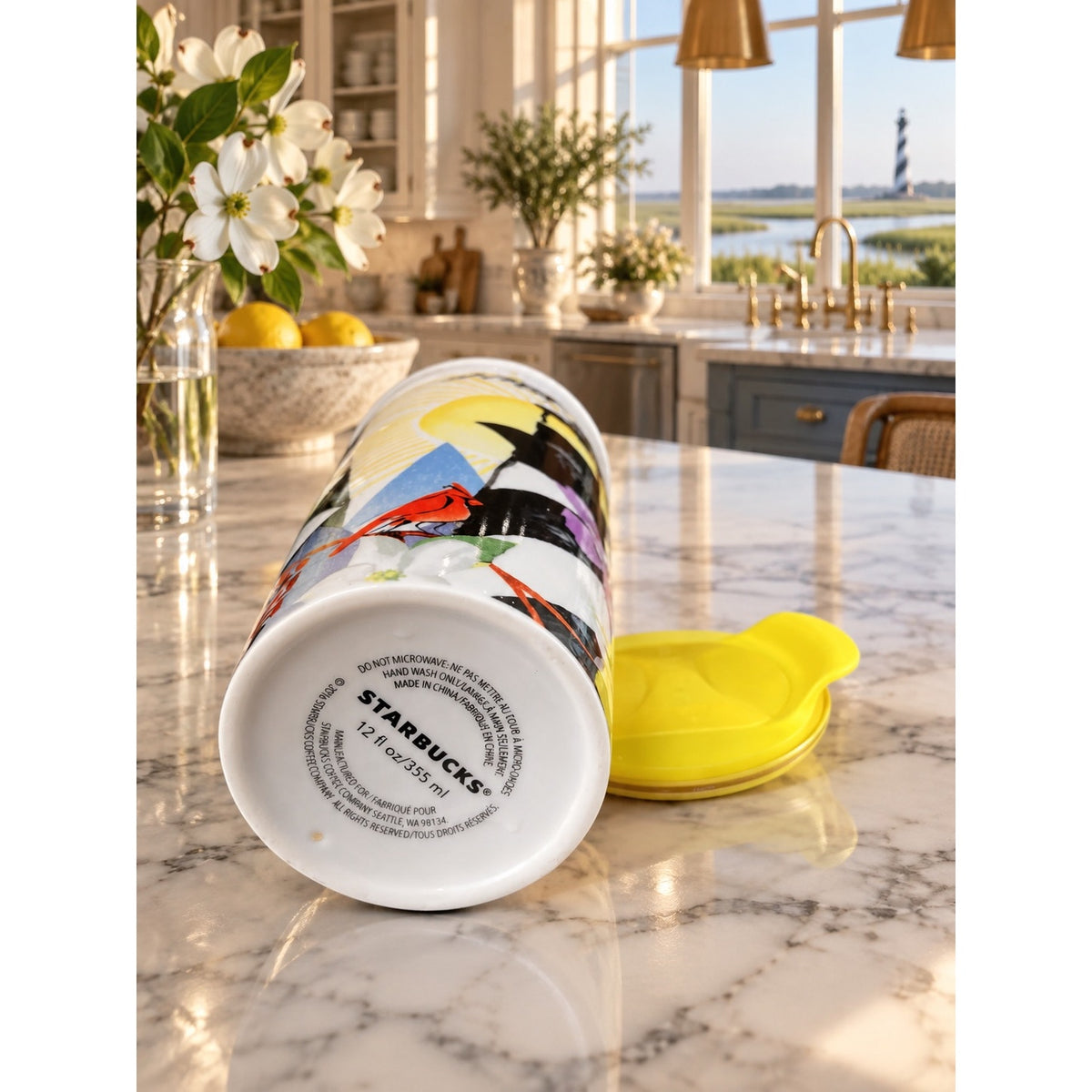 Starbucks North Carolina Ceramic Travel Tumbler 12 Oz Yellow Lid