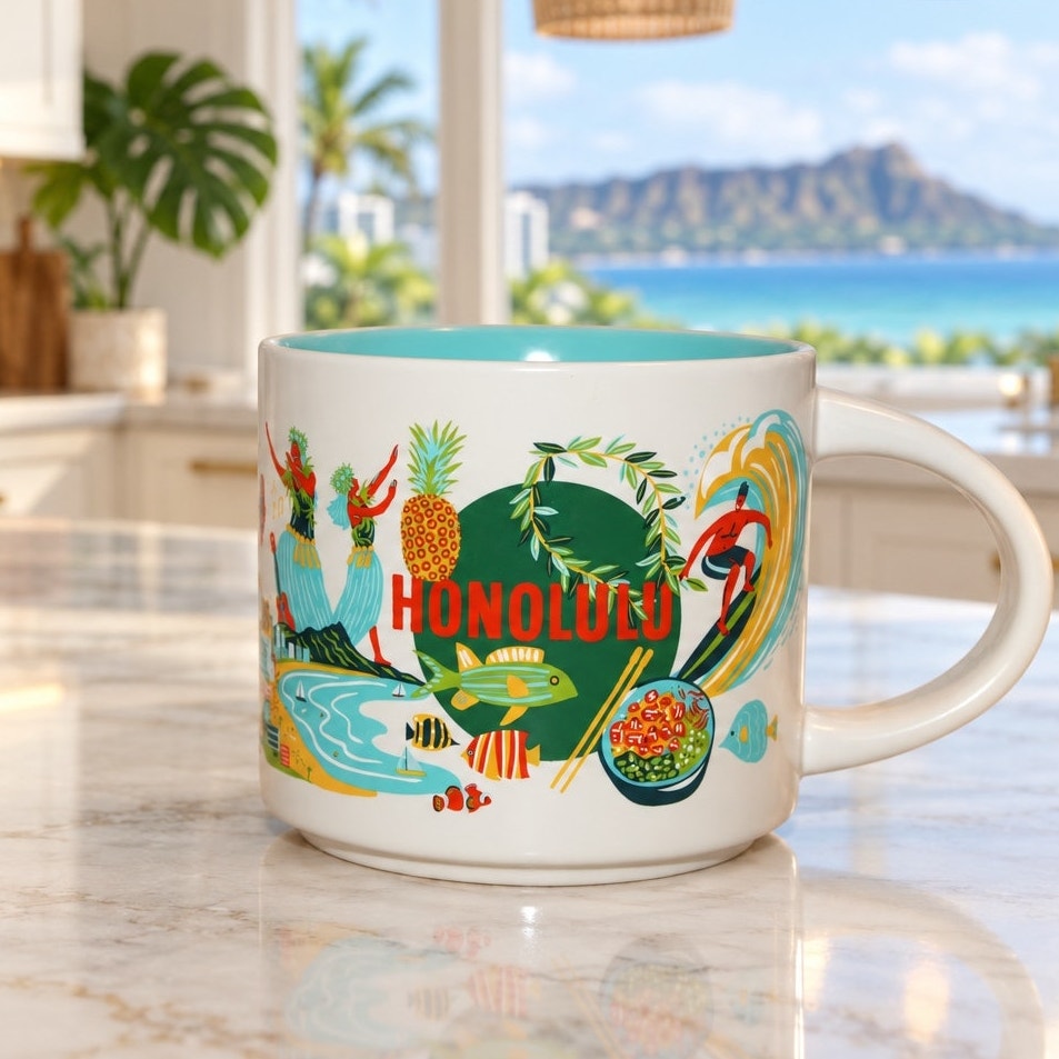 Starbucks Honolulu Hawaii Discovery Series 14 oz Mug Aqua Interior Coffee Cup
