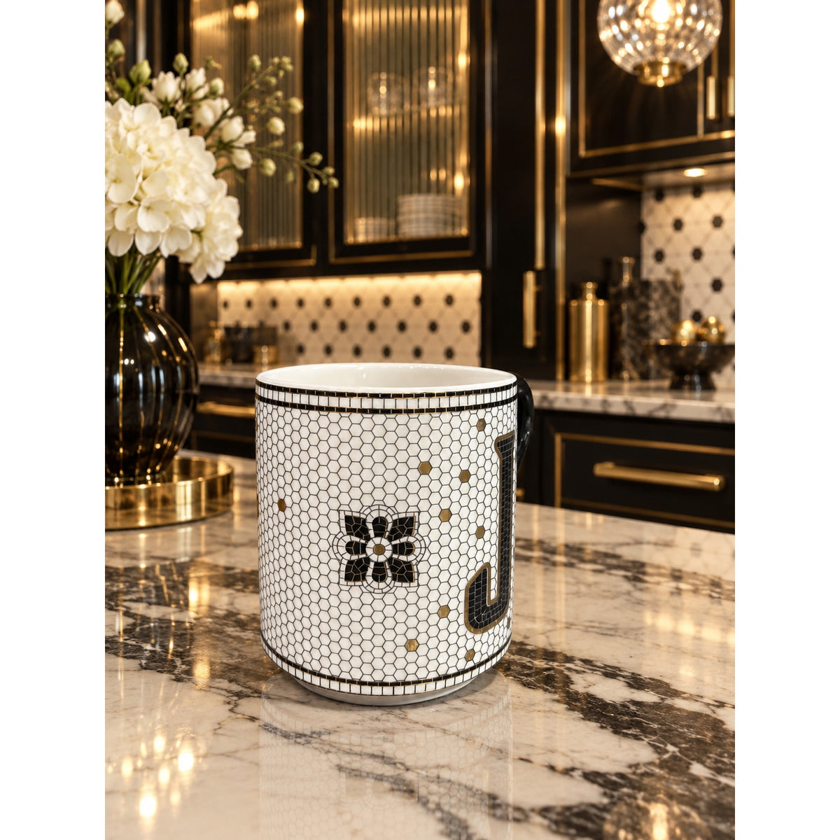 Anthropologie Monogram J Mug Black Gold Mosaic Tile Floral Coffee Cup