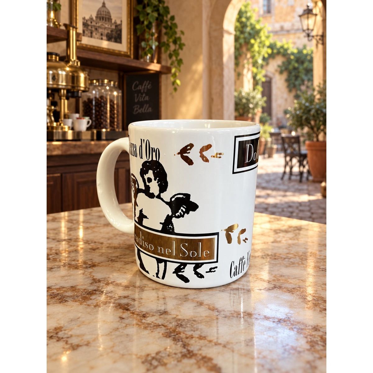 Starbucks Deborah Reinhart Italian Cafe Mug Una Tazza d'Oro Gold Cherubs