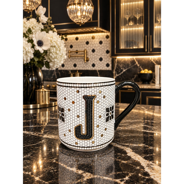 Anthropologie Monogram J Mug Black Gold Mosaic Tile Floral Coffee Cup