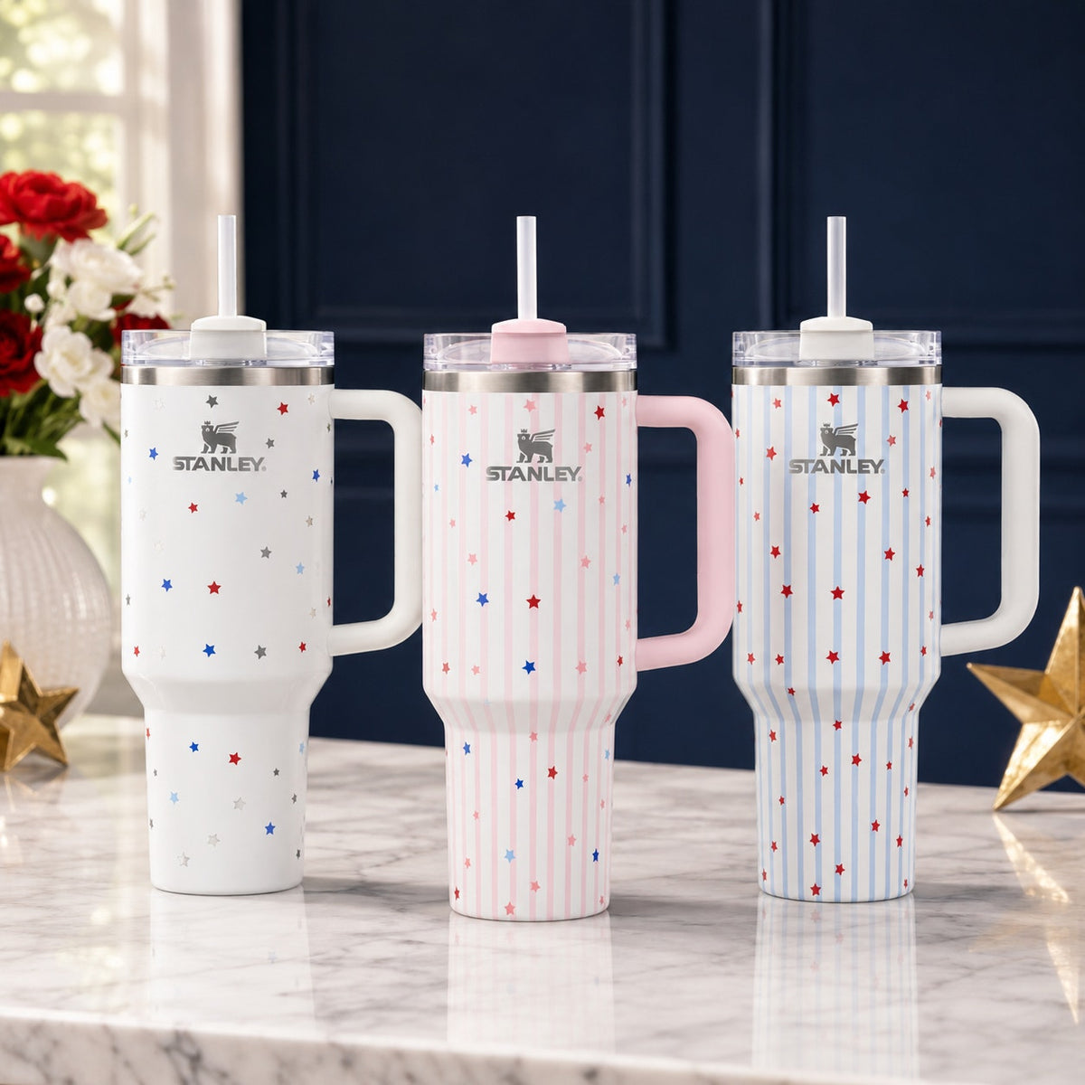 Stanley H2.0 FlowState Quencher 40oz Pink Multicolor Stars Tumbler