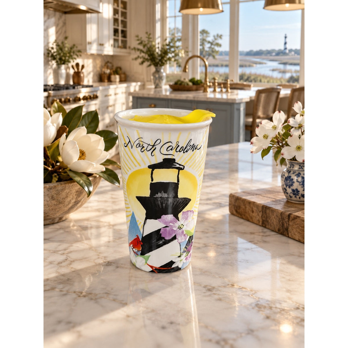 Starbucks North Carolina Ceramic Travel Tumbler 12 Oz Yellow Lid