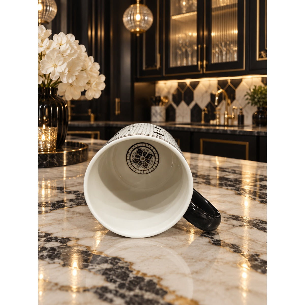 Anthropologie Monogram J Mug Black Gold Mosaic Tile Floral Coffee Cup