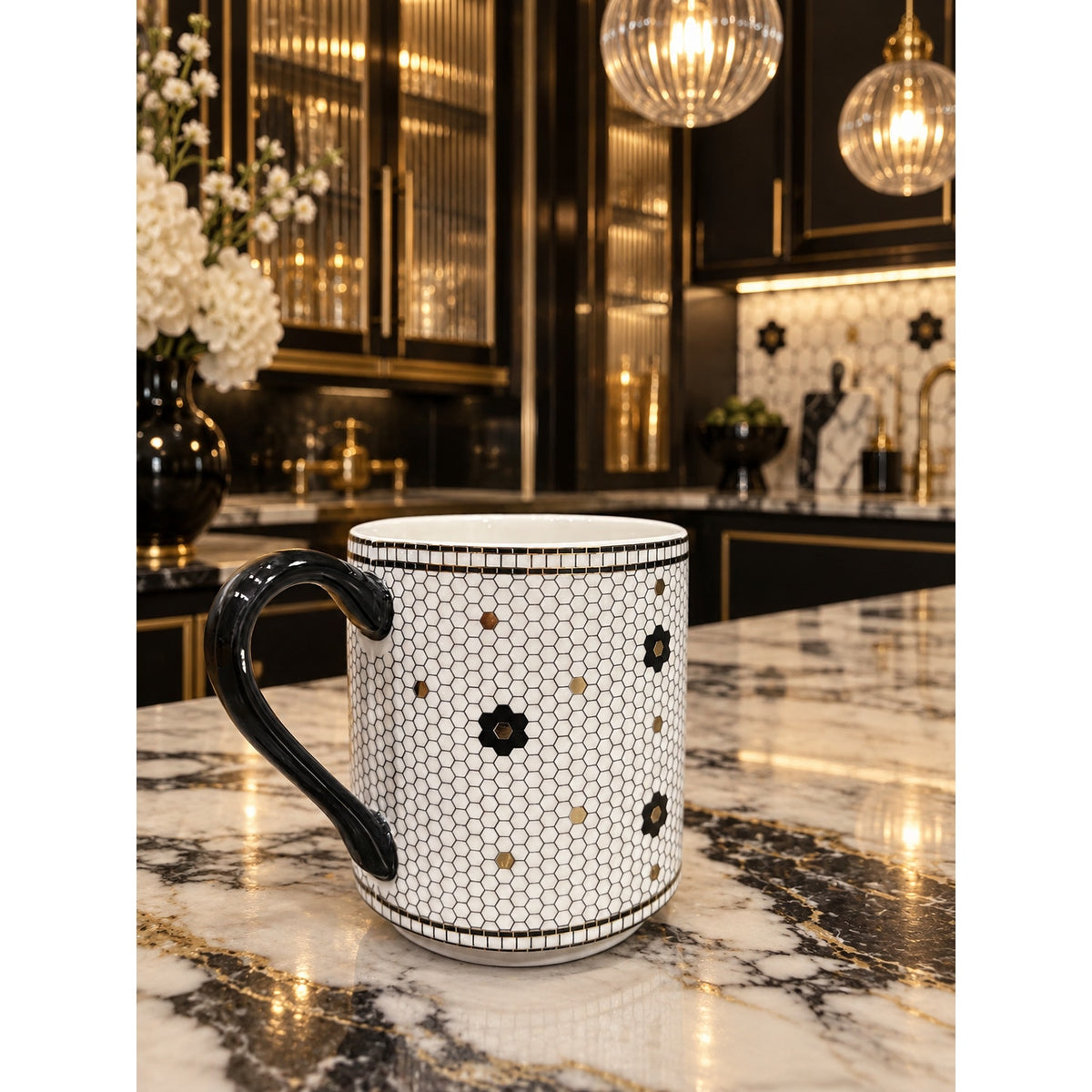 Anthropologie Monogram J Mug Black Gold Mosaic Tile Floral Coffee Cup