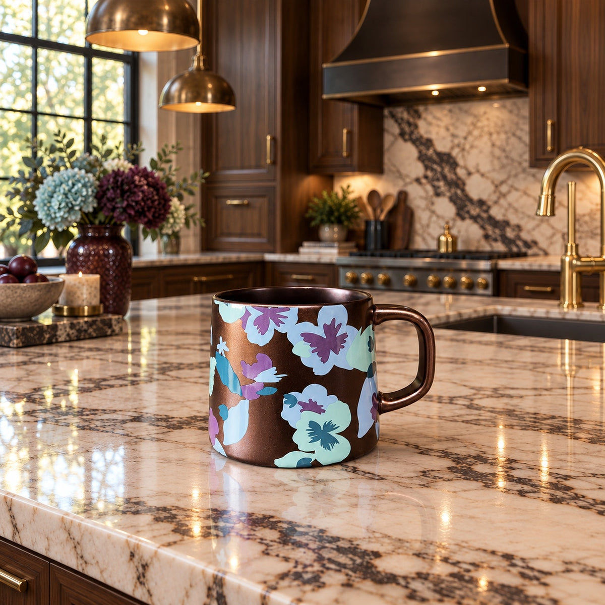 Starbucks 2020 Bronze Copper Gold Floral Pansy Ceramic Mug 14 Oz