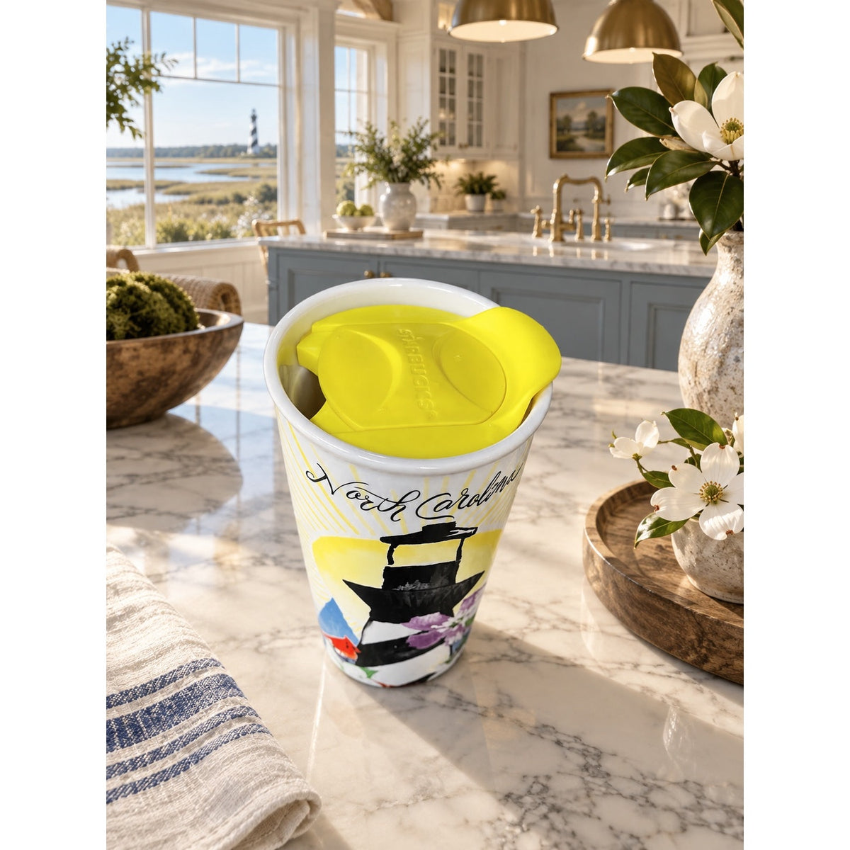 Starbucks North Carolina Ceramic Travel Tumbler 12 Oz Yellow Lid