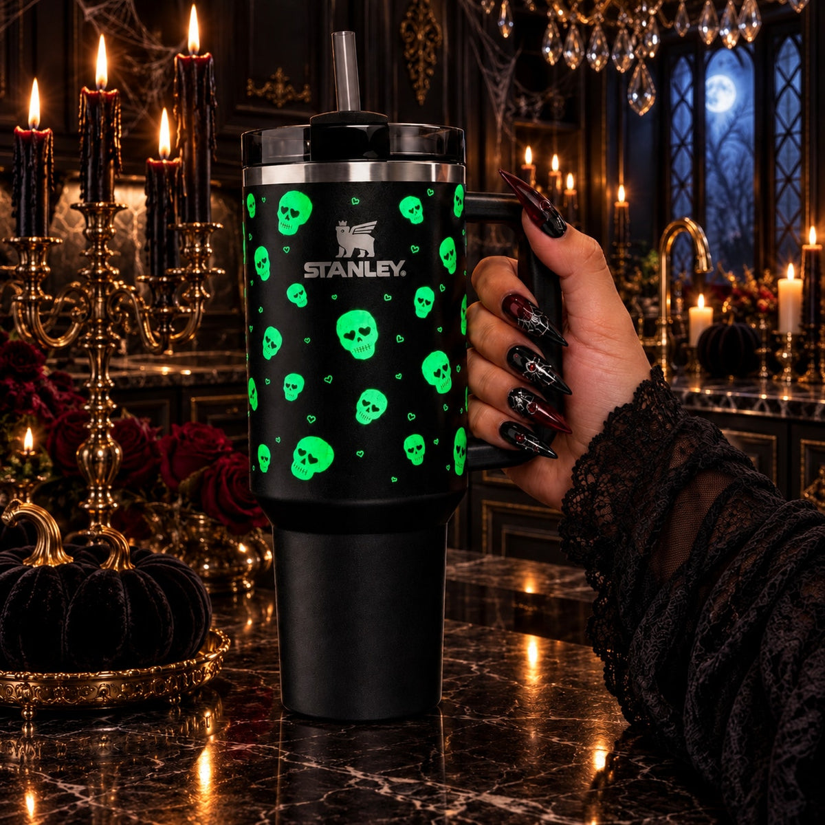Stanley Lights Out Glow-in-the-Dark Skull Quencher 40 oz Halloween Tumbler NEW