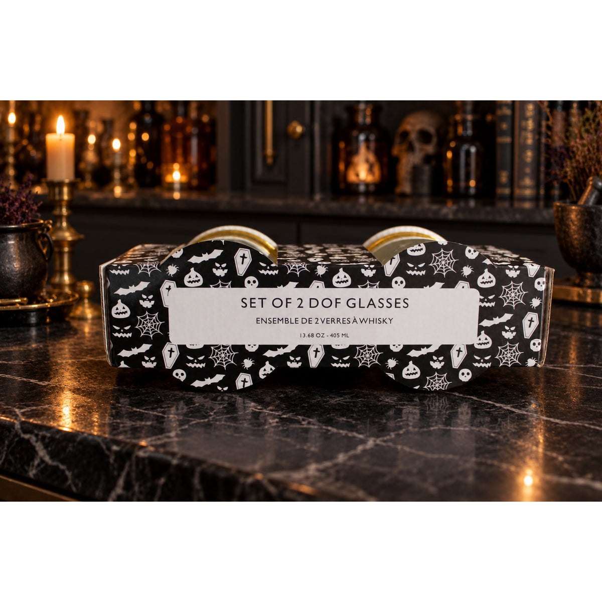Halloween Gold Graveyard Double Old Fashioned Glasses Gothic Set