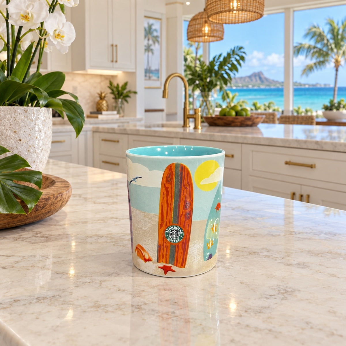 Starbucks Hawaii Surfboard Mug Beach Shark Turtle Coffee Cup