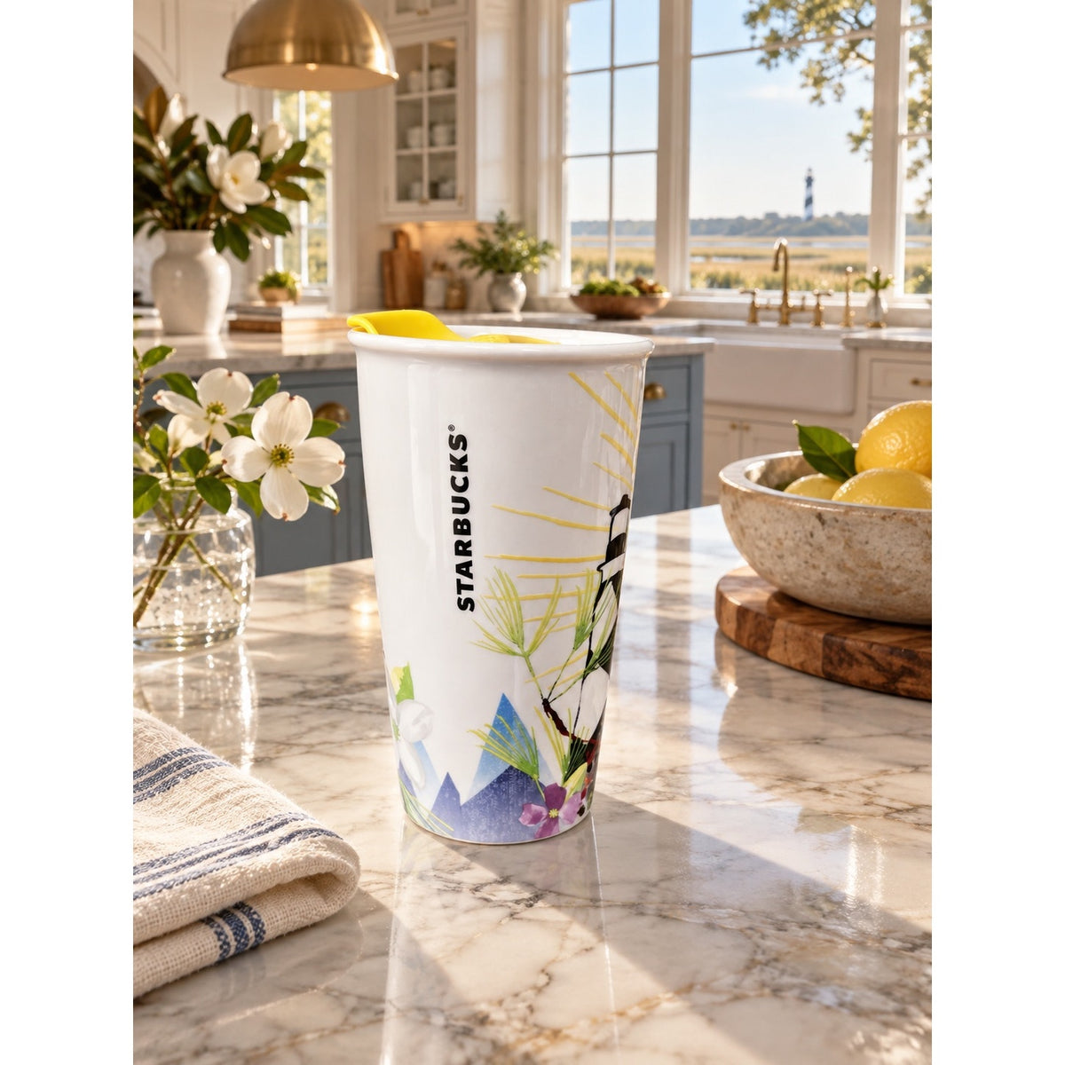Starbucks North Carolina Ceramic Travel Tumbler 12 Oz Yellow Lid