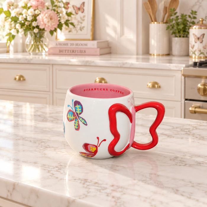 2007 Starbucks Butterfly Coffee Mug With Red Butterfly Shaped Handle 3" Tall