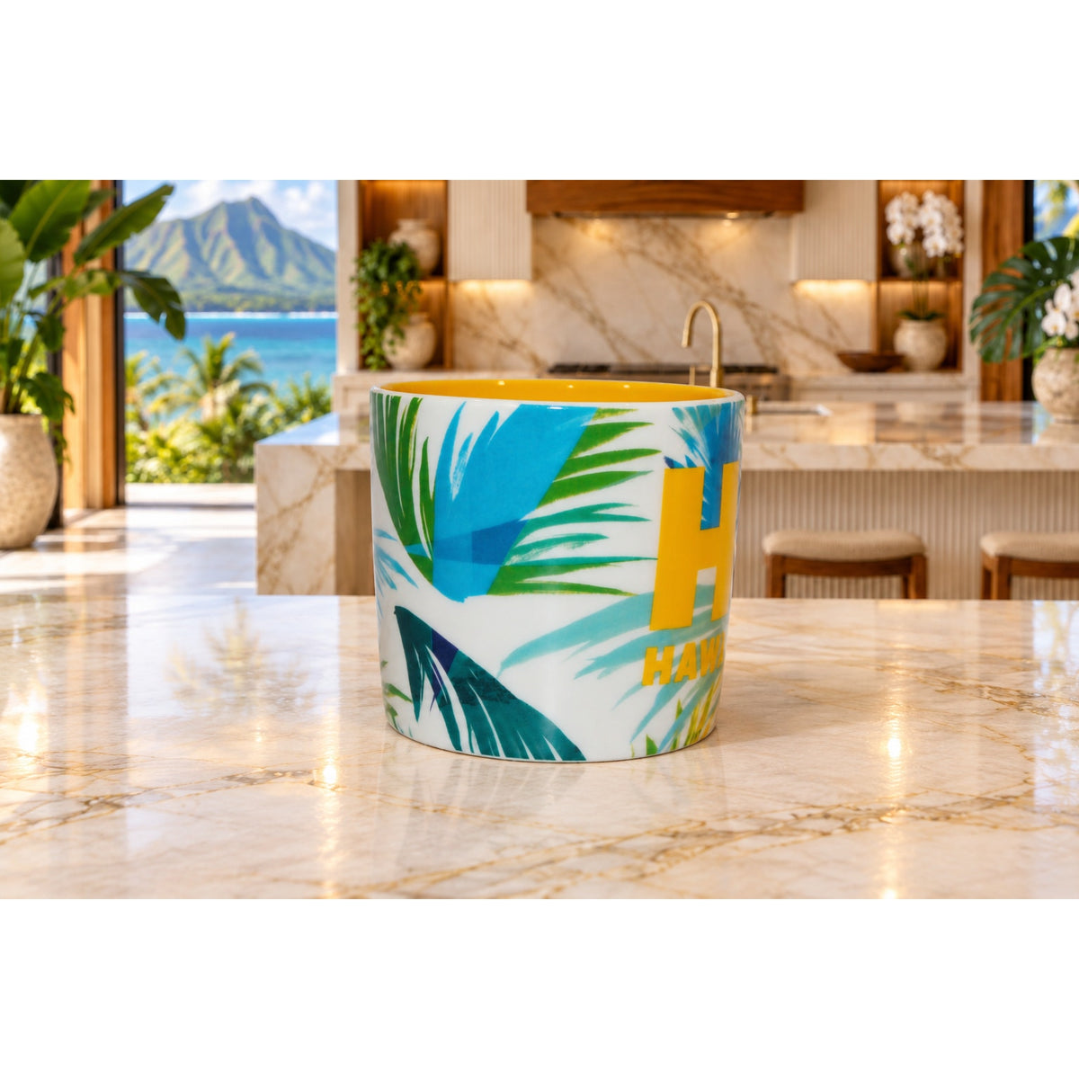 Starbucks Hawaii HI Ceramic Coffee Mug Tropical Leaves Yellow Interior 14 oz