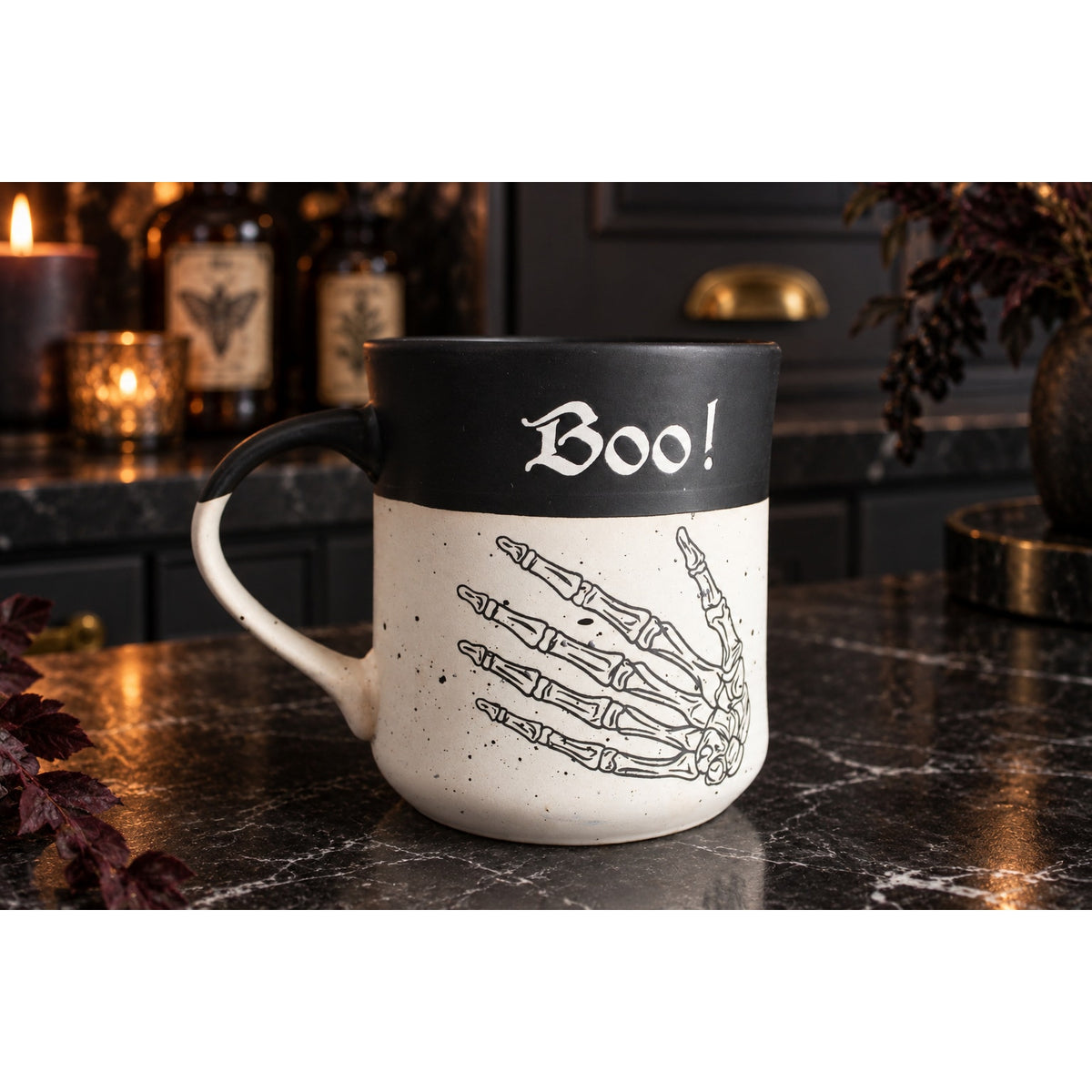 Cobwebs & Cauldrons Halloween Mug Skeleton Hand "BOO" Gothic Coffee Cup