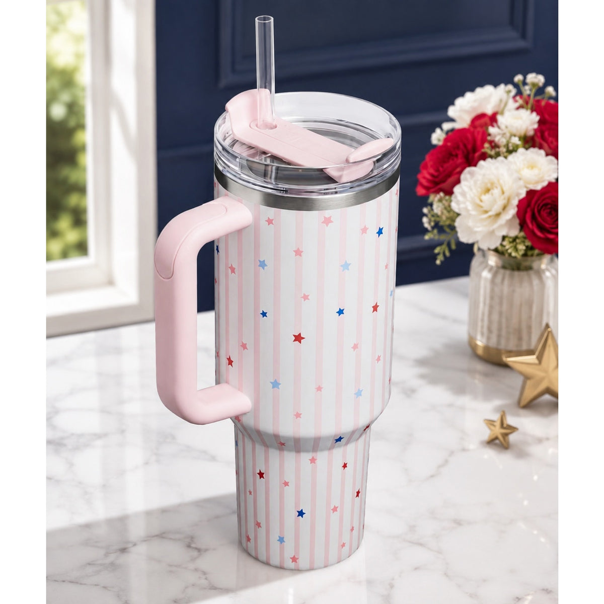Stanley H2.0 FlowState Quencher 40oz Pink Multicolor Stars Tumbler