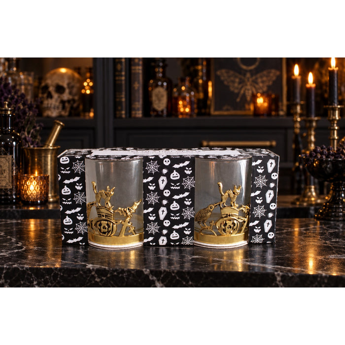 Halloween Gold Graveyard Double Old Fashioned Glasses Gothic Set