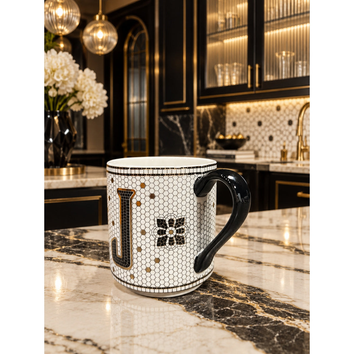 Anthropologie Monogram J Mug Black Gold Mosaic Tile Floral Coffee Cup