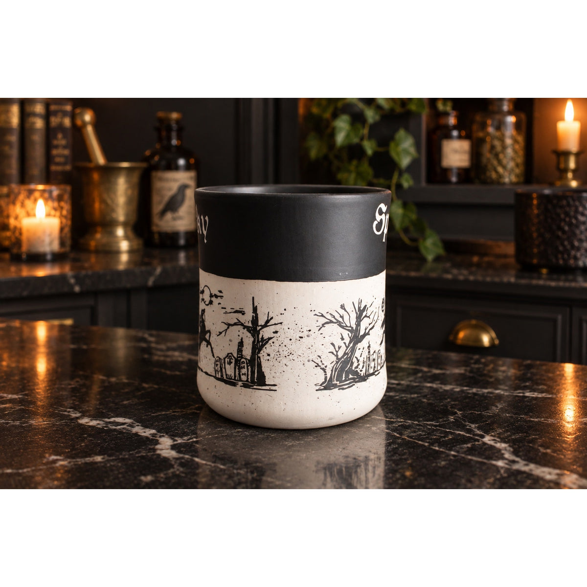 Cobwebs & Cauldrons Halloween Graveyard Mug Pumpkin Black Cat